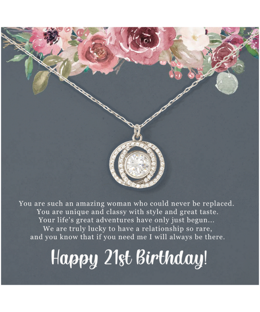 Birthday Gift For Her, Happy 21st Birthday, 21st Birthday, You Are Such An Amazing Woman - .925 Sterling Silver Double Crystal Circle Necklace With Sweet Greeting Card