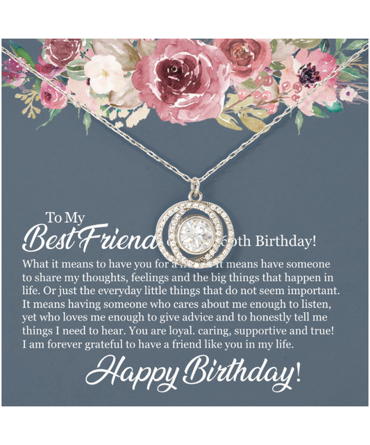 60th Birthday Best Friend, Happy 60th Birthday, 60th Birthday For Women, Grateful To Have A Friend Like You - .925 Sterling Silver Double Crystal Circle Necklace With Birthday Message Card