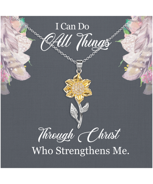 Christian Gift For Women, Bible Verse Gift, Philippians 4:13, I Can Do All Things Through Christ - .925 Sterling Silver Sunflower Pendant Necklace With Message Card