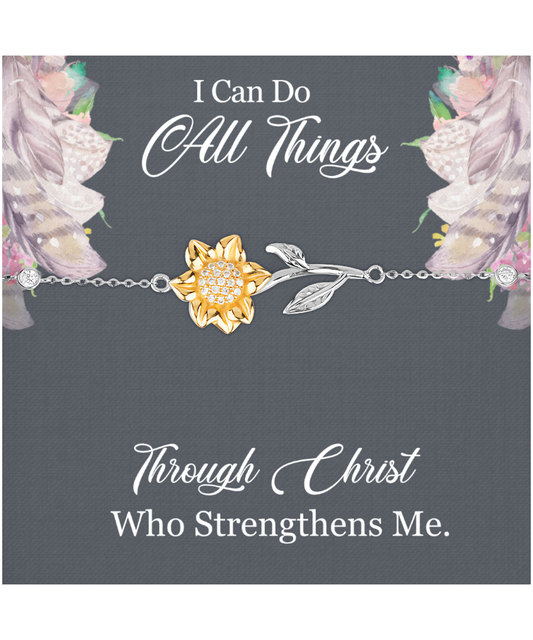 Christian Gift For Women, Bible Verse Gift, Philippians 4:13, I Can Do All Things Through Christ - .925 Sterling Silver Sunflower Bracelet With Message Card