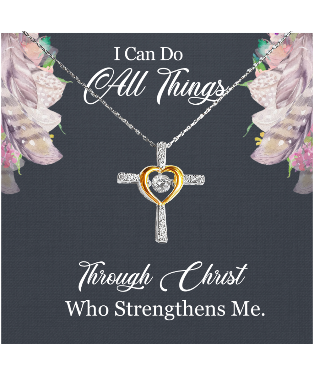 Christian Gift For Women, Bible Verse Gift, Philippians 4:13, I Can Do All Things Through Christ - .925 Sterling Silver Cross Dancing Necklace With Message Card