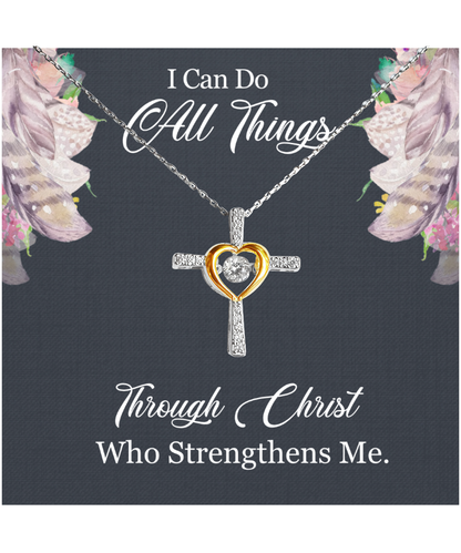 Christian Gift For Women, Bible Verse Gift, Philippians 4:13, I Can Do All Things Through Christ - .925 Sterling Silver Cross Dancing Necklace With Message Card