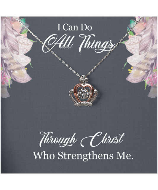 Christian Gift For Women, Bible Verse Gift, Philippians 4:13, I Can Do All Things Through Christ - .925 Sterling Silver Crown Pendant Necklace With Message Card