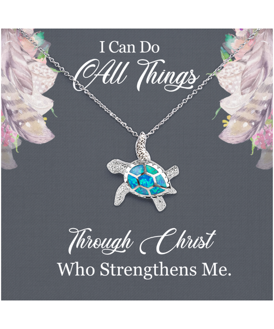 Christian Gift For Women, Bible Verse Gift, Philippians 4:13, I Can Do All Things Through Christ - .925 Sterling Silver Opal Turtle Necklace With Message Card