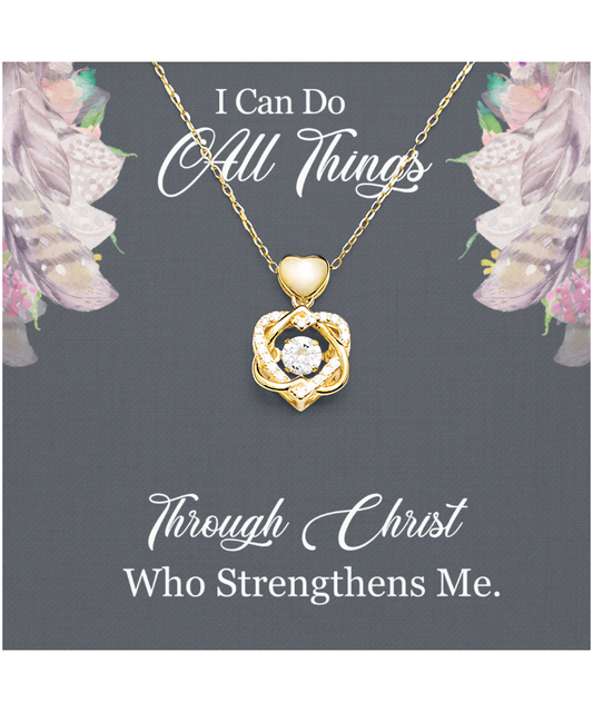 Christian Gift For Women, Bible Verse Gift, Philippians 4:13, I Can Do All Things Through Christ - Heart Knot Gold Necklace With Message Card