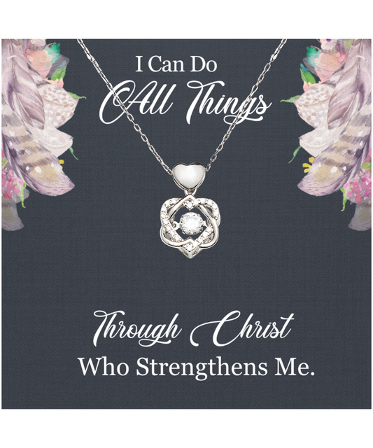 Christian Gift For Women, Bible Verse Gift, Philippians 4:13, I Can Do All Things Through Christ - .925 Sterling Silver Heart Knot Silver Necklace With Message Card