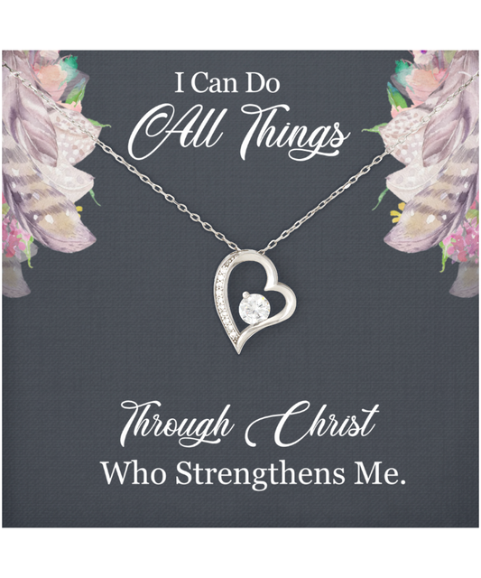 Christian Gift For Women, Bible Verse Gift, Philippians 4:13, I Can Do All Things Through Christ - .925 Sterling Silver Heart Solitaire Crystal Necklace With Message Card