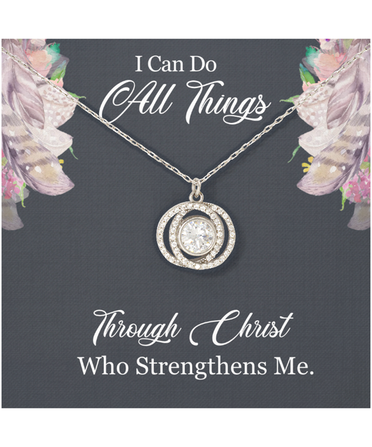 Christian Gift For Women, Bible Verse Gift, Philippians 4:13, I Can Do All Things Through Christ - .925 Sterling Silver Double Crystal Circle Necklace With Message Card