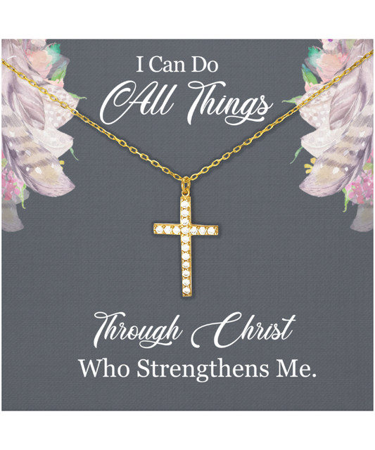 Christian Gift For Women, Bible Verse Gift, Philippians 4:13, I Can Do All Things Through Christ - Crystal Gold Cross Necklace With Message Card