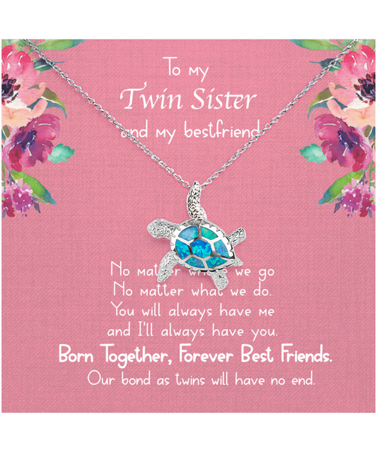 Gift For Twin Sister, Twin Sister, Sister Bestfriend, Born Together, Forever Best Friend - .925 Sterling Silver Opal Turtle Necklace With Message Card