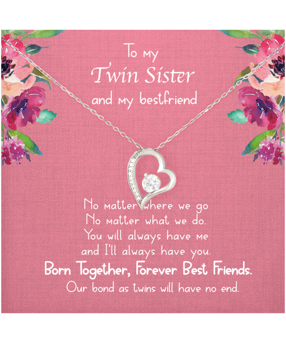 Gift For Twin Sister, Twin Sister, Sister Bestfriend, Born Together, Forever Best Friend - .925 Sterling Silver Heart Solitaire Crystal Necklace With Message Card