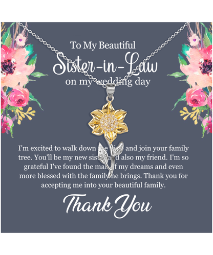 Thank You Gift For Sister-In-Law, Sister-In-Law Jewelry, Sister-In-Law Wedding Day, Sister-In-Law - .925 Sterling Silver Sunflower Pendant Necklace With Message Card