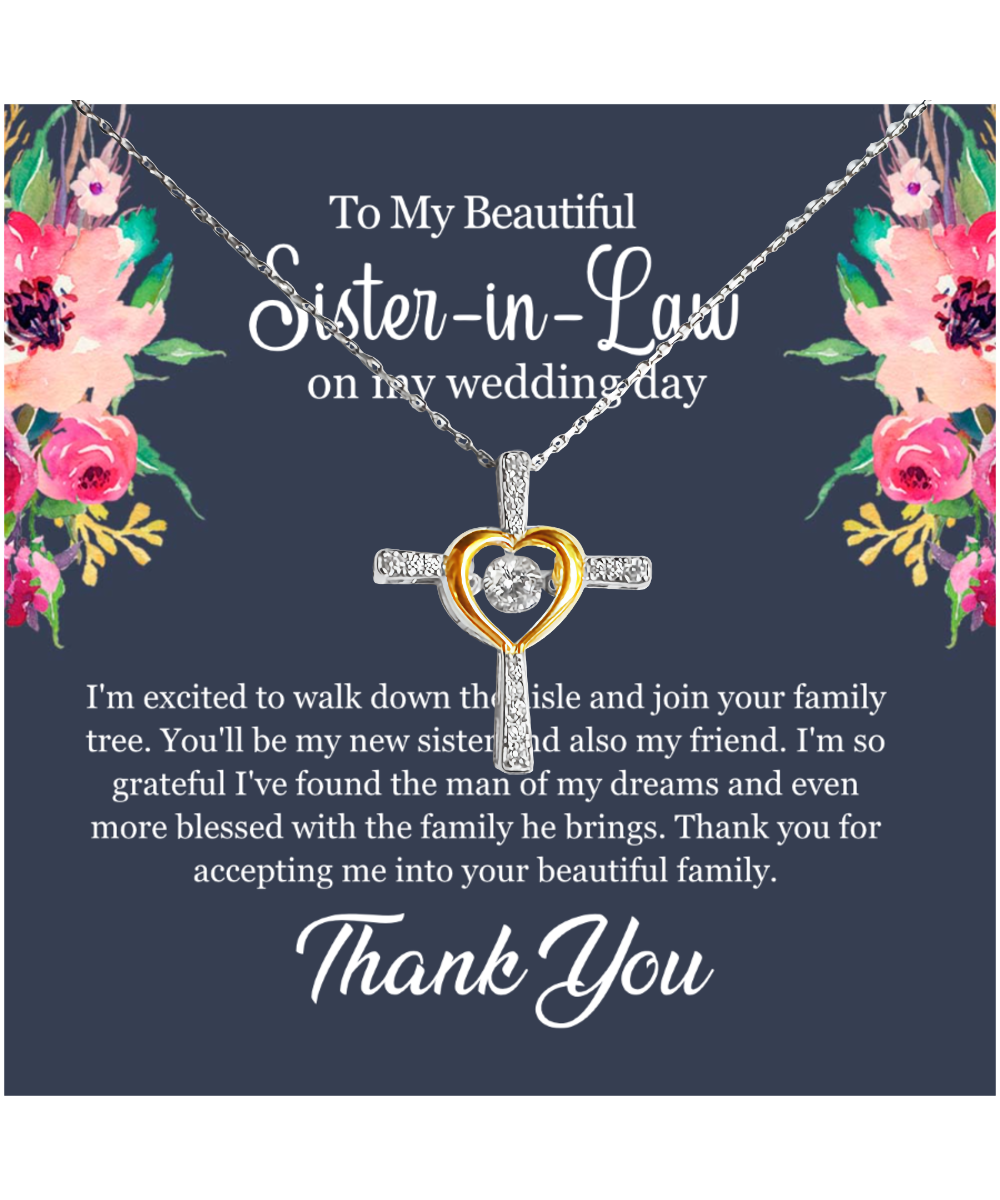 Thank You Gift For Sister-In-Law, Sister-In-Law Jewelry, Sister-In-Law Wedding Day, Sister-In-Law - .925 Sterling Silver Cross Dancing Necklace With Message Card