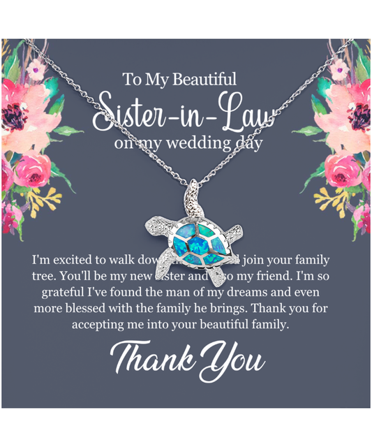 Thank You Gift For Sister-In-Law, Sister-In-Law Jewelry, Sister-In-Law Wedding Day, Sister-In-Law - .925 Sterling Silver Opal Turtle Necklace With Message Card