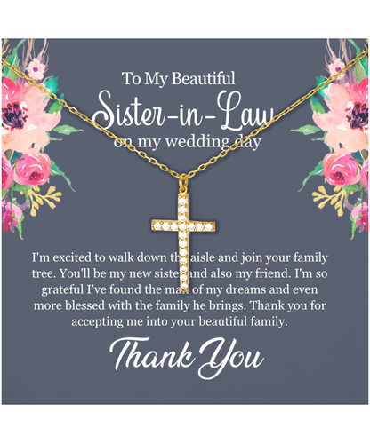 Thank You Gift For Sister-In-Law, Sister-In-Law Jewelry, Sister-In-Law Wedding Day, Sister-In-Law - Crystal Gold Cross Necklace With Message Card