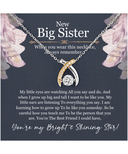 New Big Sister Gift, From Little Sister, Jewelry For Big Sister, You're My Bright And Shining Star - .925 Sterling Silver Wishbone Dancing Necklace With Message Card