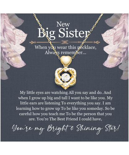 New Big Sister Gift, From Little Sister, Jewelry For Big Sister, You're My Bright And Shining Star - Heart Knot Gold Necklace With Message Card