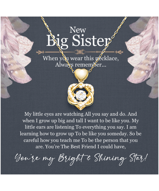 New Big Sister Gift, From Little Sister, Jewelry For Big Sister, You're My Bright And Shining Star - Heart Knot Gold Necklace With Message Card