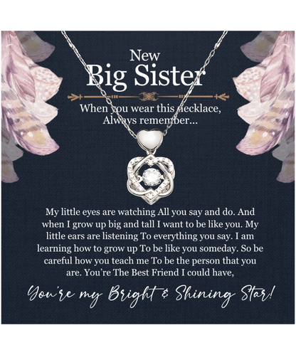 New Big Sister Gift, From Little Sister, Jewelry For Big Sister, You're My Bright And Shining Star - .925 Sterling Silver Heart Knot Silver Necklace With Message Card