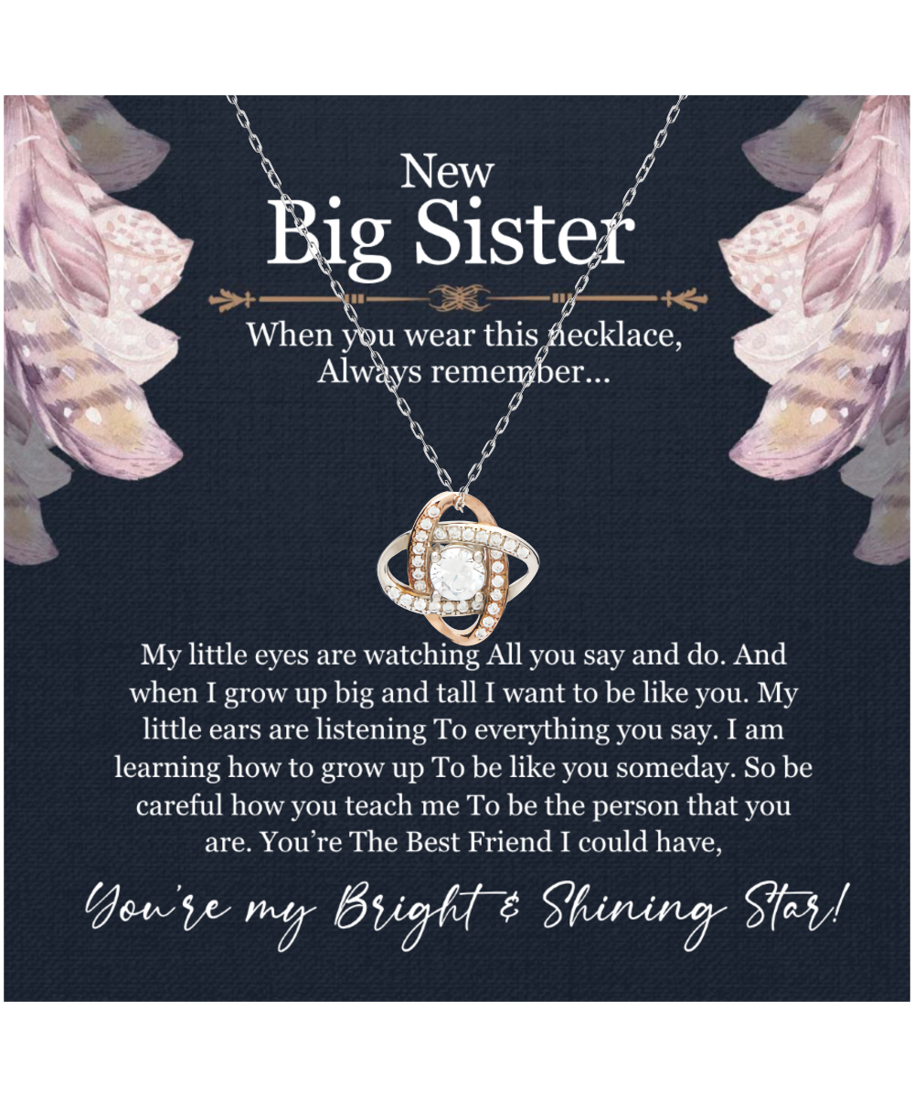 New Big Sister Gift, From Little Sister, Jewelry For Big Sister, You're My Bright And Shining Star - .925 Sterling Silver Love Knot Rose Gold Necklace With Message Card