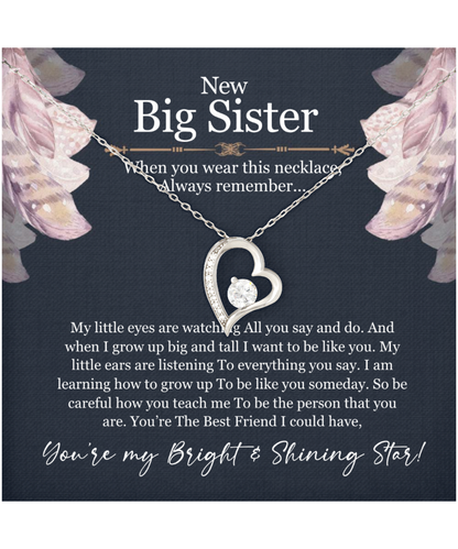 New Big Sister Gift, From Little Sister, Jewelry For Big Sister, You're My Bright And Shining Star - .925 Sterling Silver Heart Solitaire Crystal Necklace With Message Card