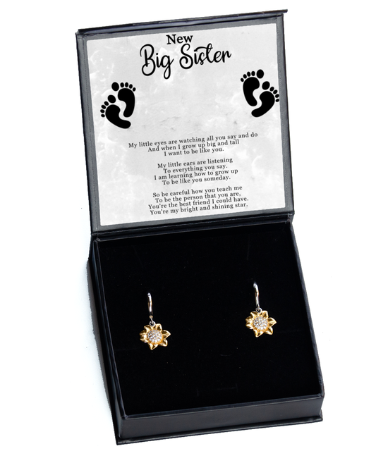 Big Sister Gift From New Baby, New Big Sister Jewelry, New Big Sister Gift, I Want To Be Like You - .925 Sterling Silver Sunflower Earrings With Message Card