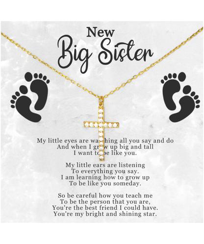 Big Sister Gift From New Baby, New Big Sister Jewelry, New Big Sister Gift, I Want To Be Like You - Crystal Gold Cross Necklace With Message Card