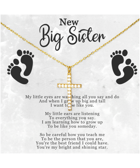 Big Sister Gift From New Baby, New Big Sister Jewelry, New Big Sister Gift, I Want To Be Like You - Crystal Gold Cross Necklace With Message Card