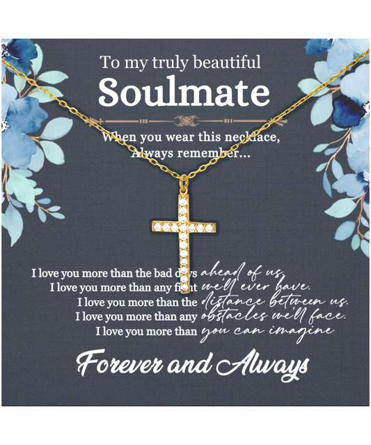 Jewelry For Soulmate, Anniversary Gift For Her, Gift For Her, I Love You More Than You Can Imagine - Crystal Gold Cross Necklace With Message Card