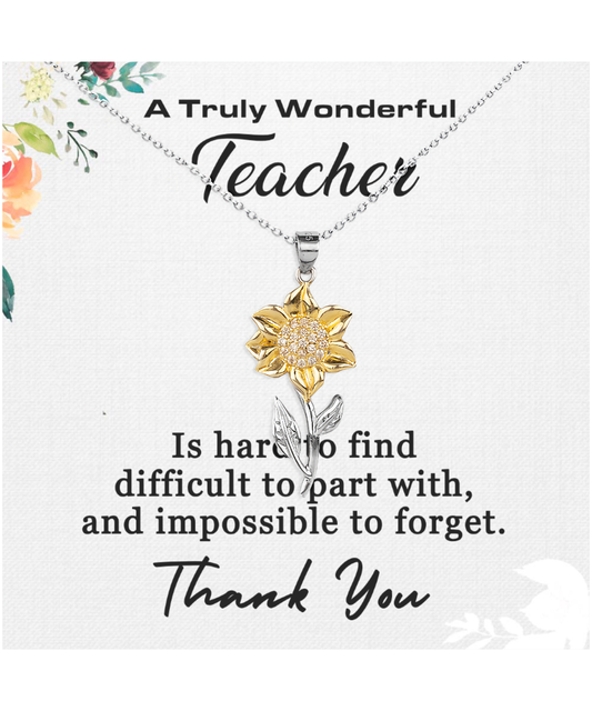 Thank You Teacher, Jewelry Gift From Student, Appreciation Gift For Teacher, Wonderful Teacher - .925 Sterling Silver Sunflower Pendant Necklace With Message Card