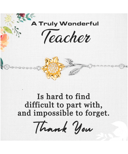 Thank You Teacher, Jewelry Gift From Student, Appreciation Gift For Teacher, Wonderful Teacher - .925 Sterling Silver Sunflower Bracelet With Message Card