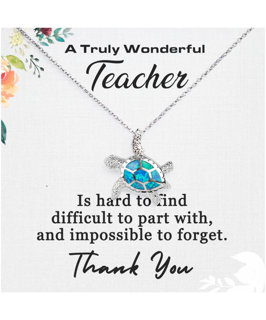 Thank You Teacher, Jewelry Gift From Student, Appreciation Gift For Teacher, Wonderful Teacher - .925 Sterling Silver Opal Turtle Necklace With Message Card