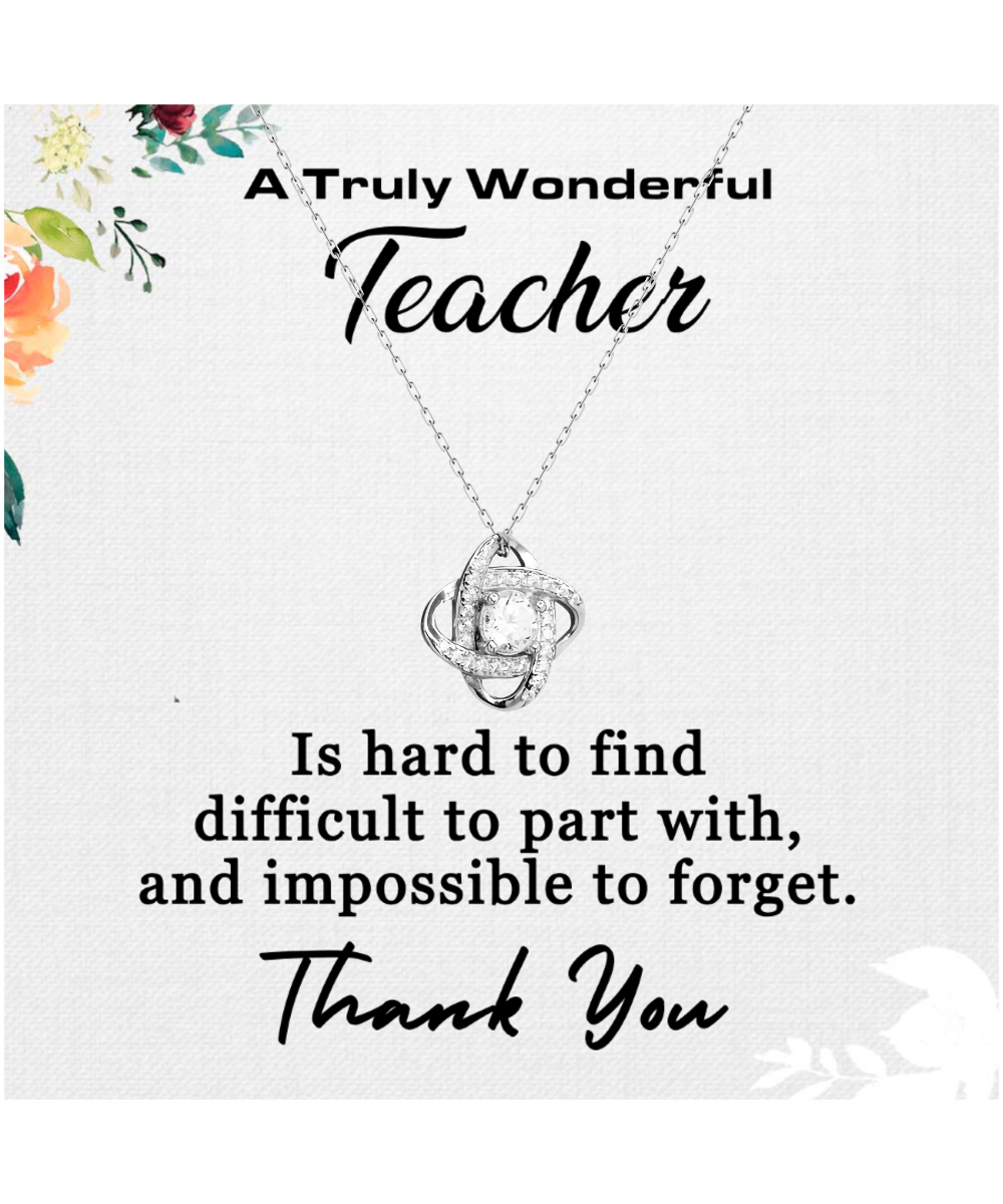 Thank You Teacher, Jewelry Gift From Student, Appreciation Gift For Teacher, Wonderful Teacher - .925 Sterling Silver Love Knot Silver Necklace With Message Card