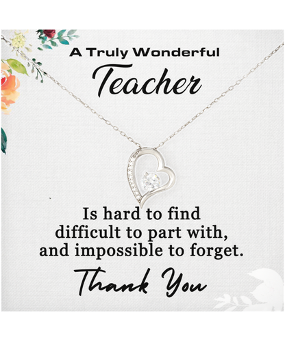 Thank You Teacher, Jewelry Gift From Student, Appreciation Gift For Teacher, Wonderful Teacher - .925 Sterling Silver Heart Solitaire Crystal Necklace With Message Card