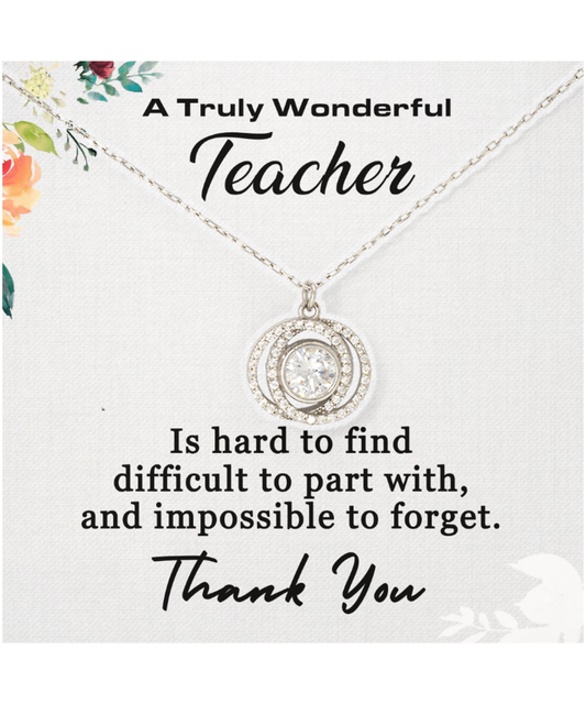 Thank You Teacher, Jewelry Gift From Student, Appreciation Gift For Teacher, Wonderful Teacher - .925 Sterling Silver Double Crystal Circle Necklace With Message Card