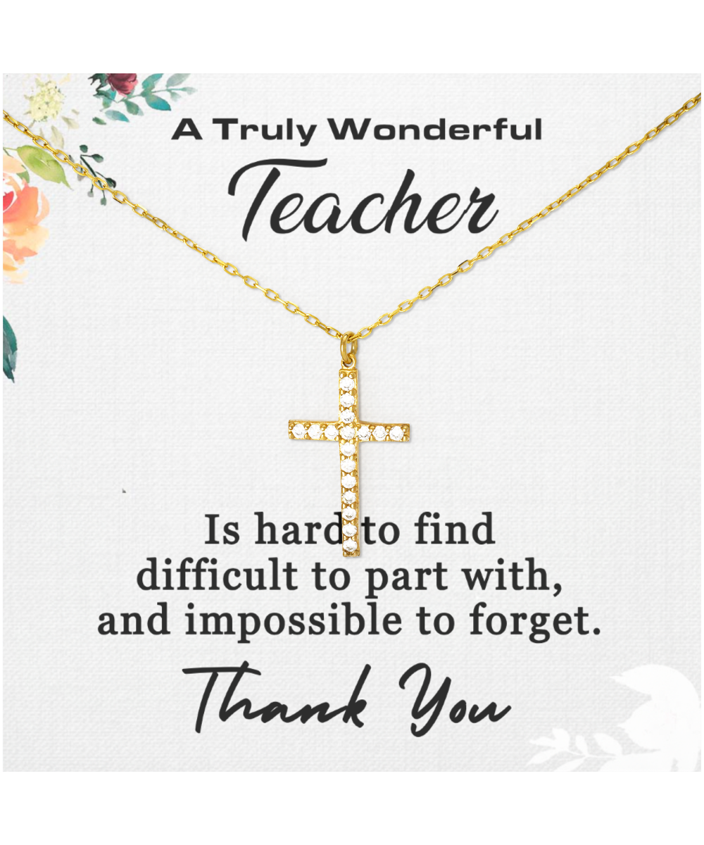 Thank You Teacher, Jewelry Gift From Student, Appreciation Gift For Teacher, Wonderful Teacher - Crystal Gold Cross Necklace With Message Card