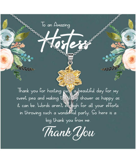 Baby Shower Gift For Hostess, Hostess Gift Ideas, Hostess Gift For Women, Hostess Thank You - .925 Sterling Silver Sunflower Pendant Necklace With Message Card