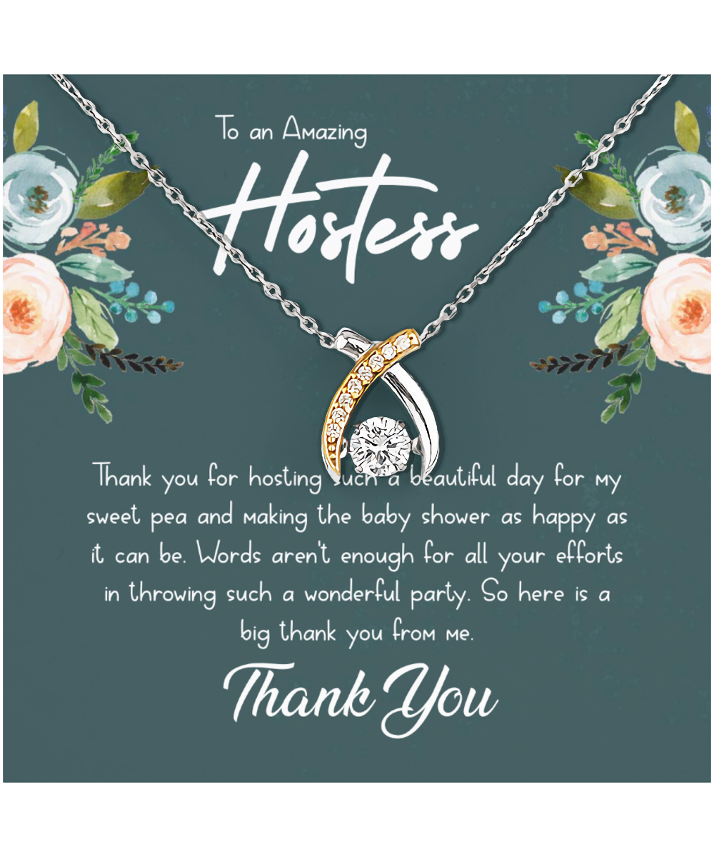 Baby Shower Gift For Hostess, Hostess Gift Ideas, Hostess Gift For Women, Hostess Thank You - .925 Sterling Silver Wishbone Dancing Necklace With Message Card