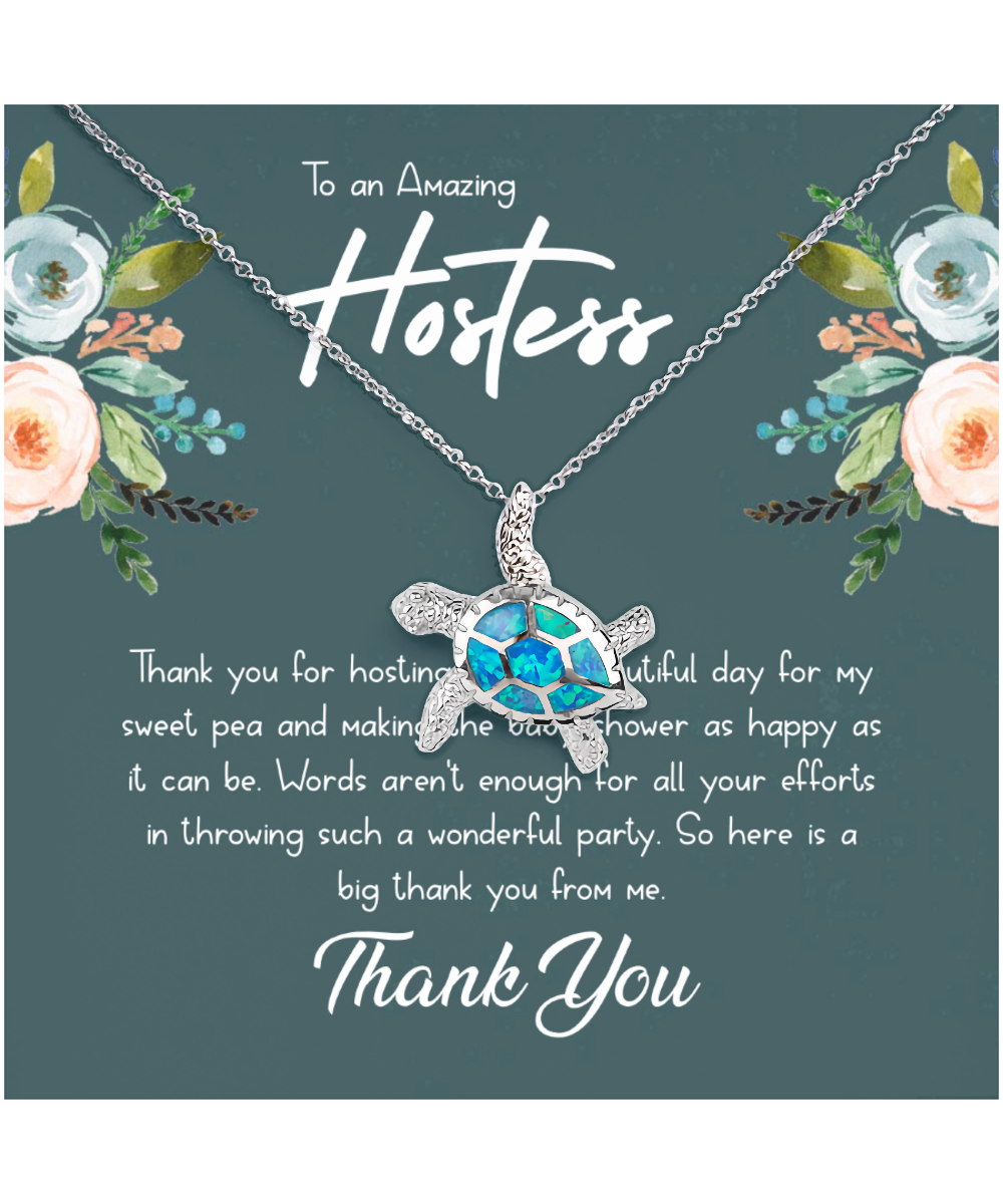 Baby Shower Gift For Hostess, Hostess Gift Ideas, Hostess Gift For Women, Hostess Thank You - .925 Sterling Silver Opal Turtle Necklace With Message Card