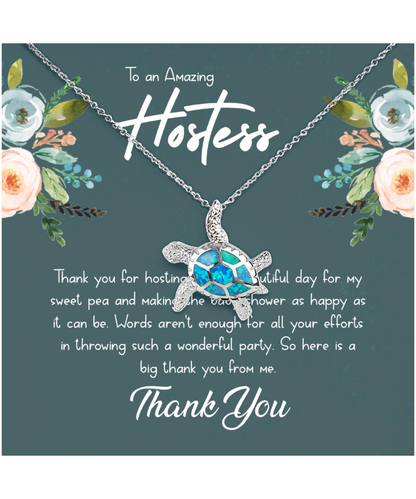 Baby Shower Gift For Hostess, Hostess Gift Ideas, Hostess Gift For Women, Hostess Thank You - .925 Sterling Silver Opal Turtle Necklace With Message Card