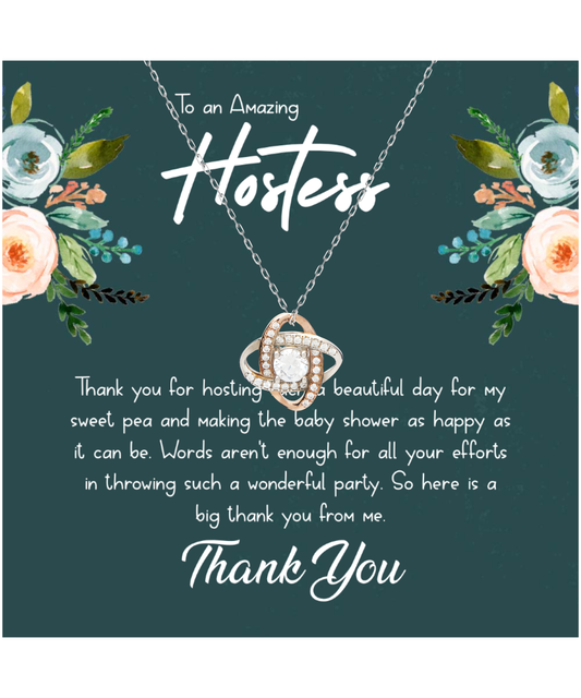 Baby Shower Gift For Hostess, Hostess Gift Ideas, Hostess Gift For Women, Hostess Thank You - .925 Sterling Silver Love Knot Rose Gold Necklace With Message Card