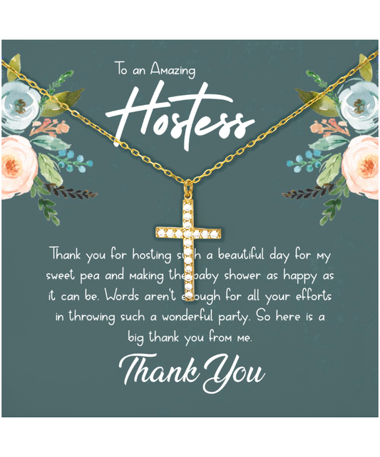 Baby Shower Gift For Hostess, Hostess Gift Ideas, Hostess Gift For Women, Hostess Thank You - Crystal Gold Cross Necklace With Message Card