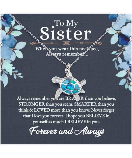 Gift For Sister, To My Sister, Birthday Gifts For Sister From Sister, I Love You Sister - .925 Sterling Silver Opal Turtle Necklace With Message Card