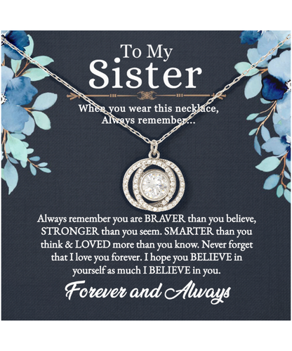 Gift For Sister, To My Sister, Birthday Gifts For Sister From Sister, I Love You Sister - .925 Sterling Silver Double Crystal Circle Necklace With Message Card