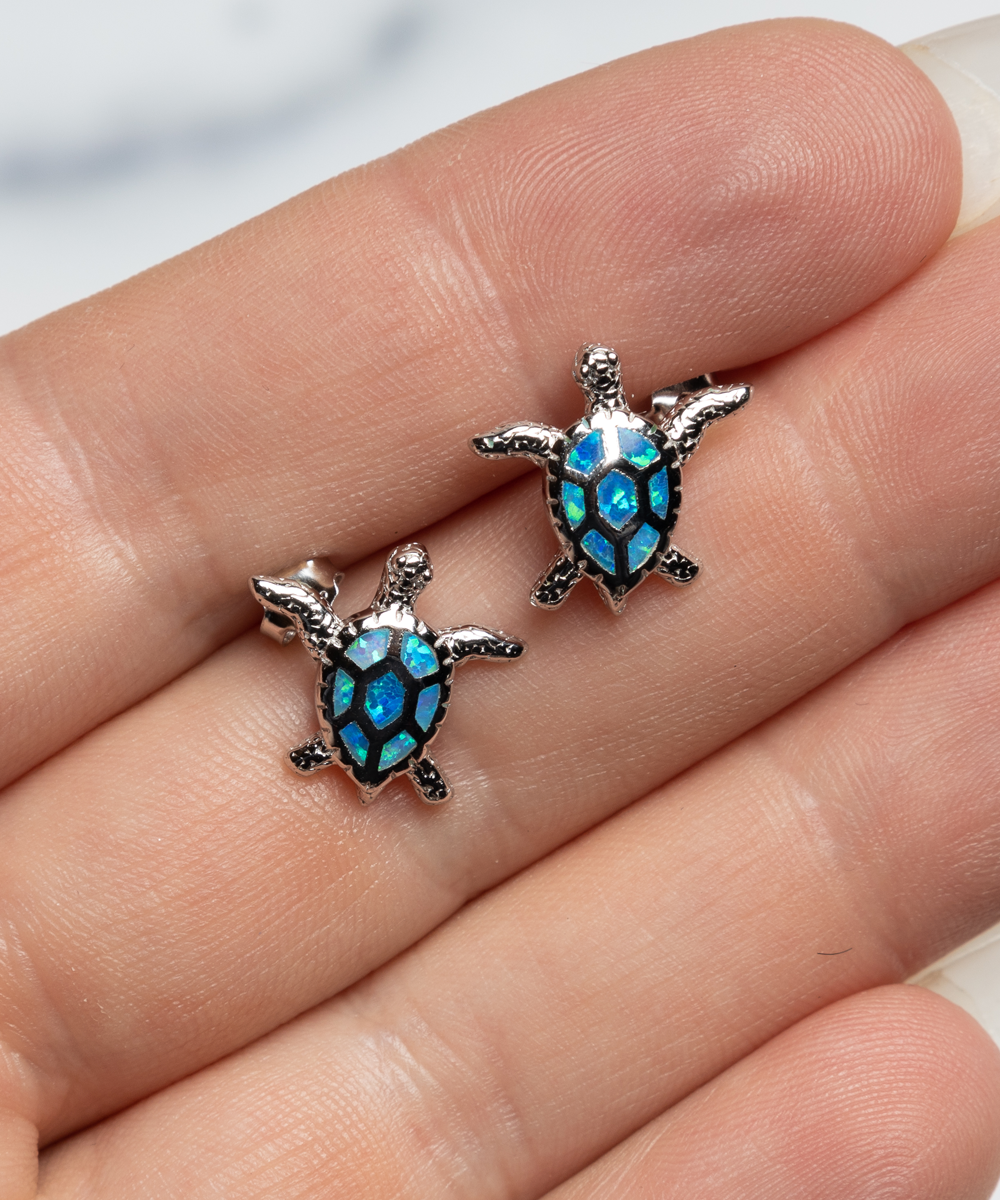 Mother Daughter Gift Ideas, Mother To Daughter, The Bond Between Mother And Daughter is Forever - .925 Sterling Silver Opal Turtle Earrings With Message Card