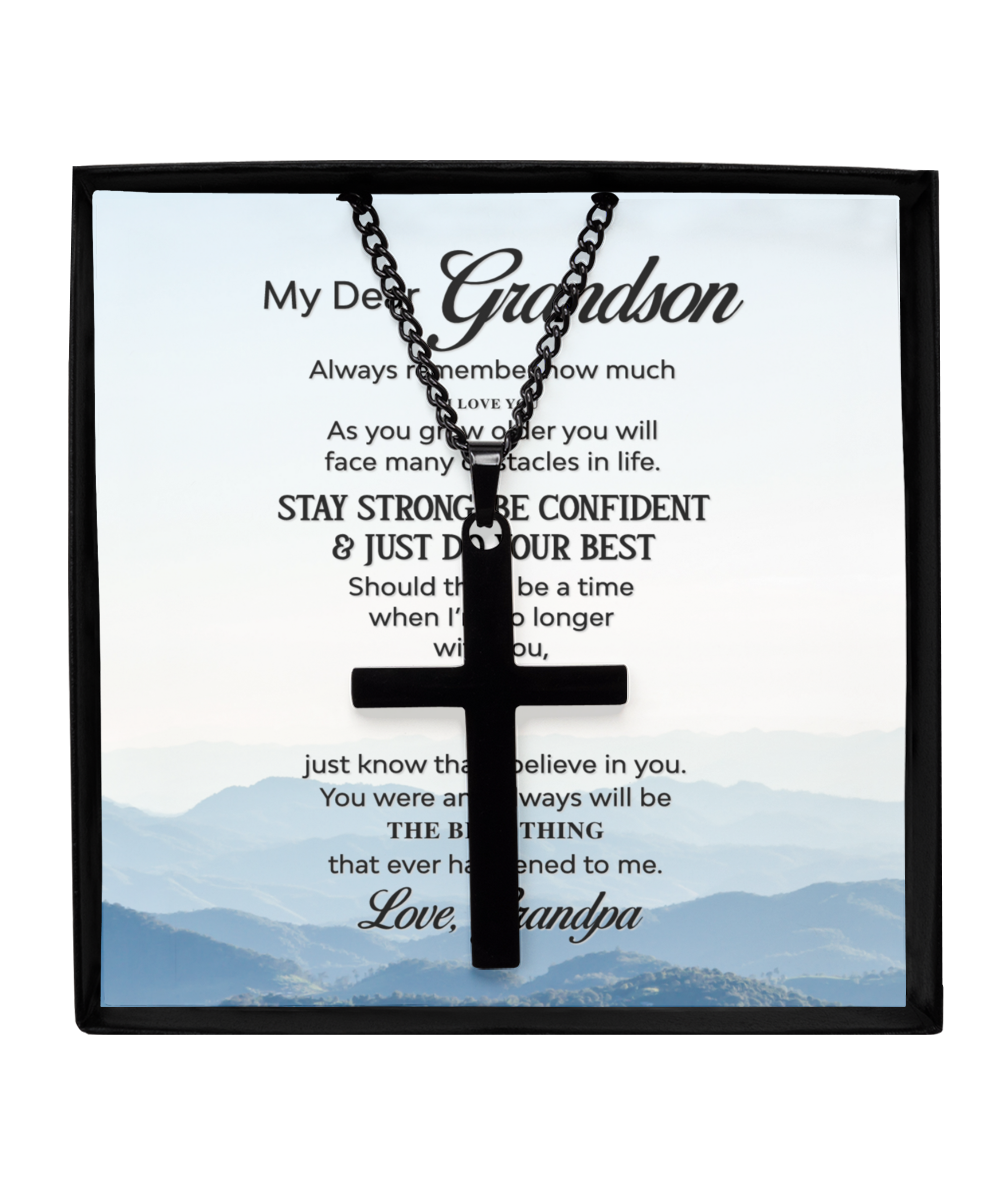 Grandpa Gift For Grandson, Grandson Black Cross Necklace From Grandpa, My Dear Grandson, Grandson Gift, I Love You My Grandson