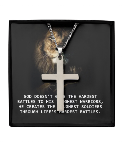 For Him, Gift For Son, Faith Necklace For Him, Father From Son, Silver Cross Necklace, Dad's Birthday Gift, God Doesn't Give The Hardest Battles To His Toughest Warrior