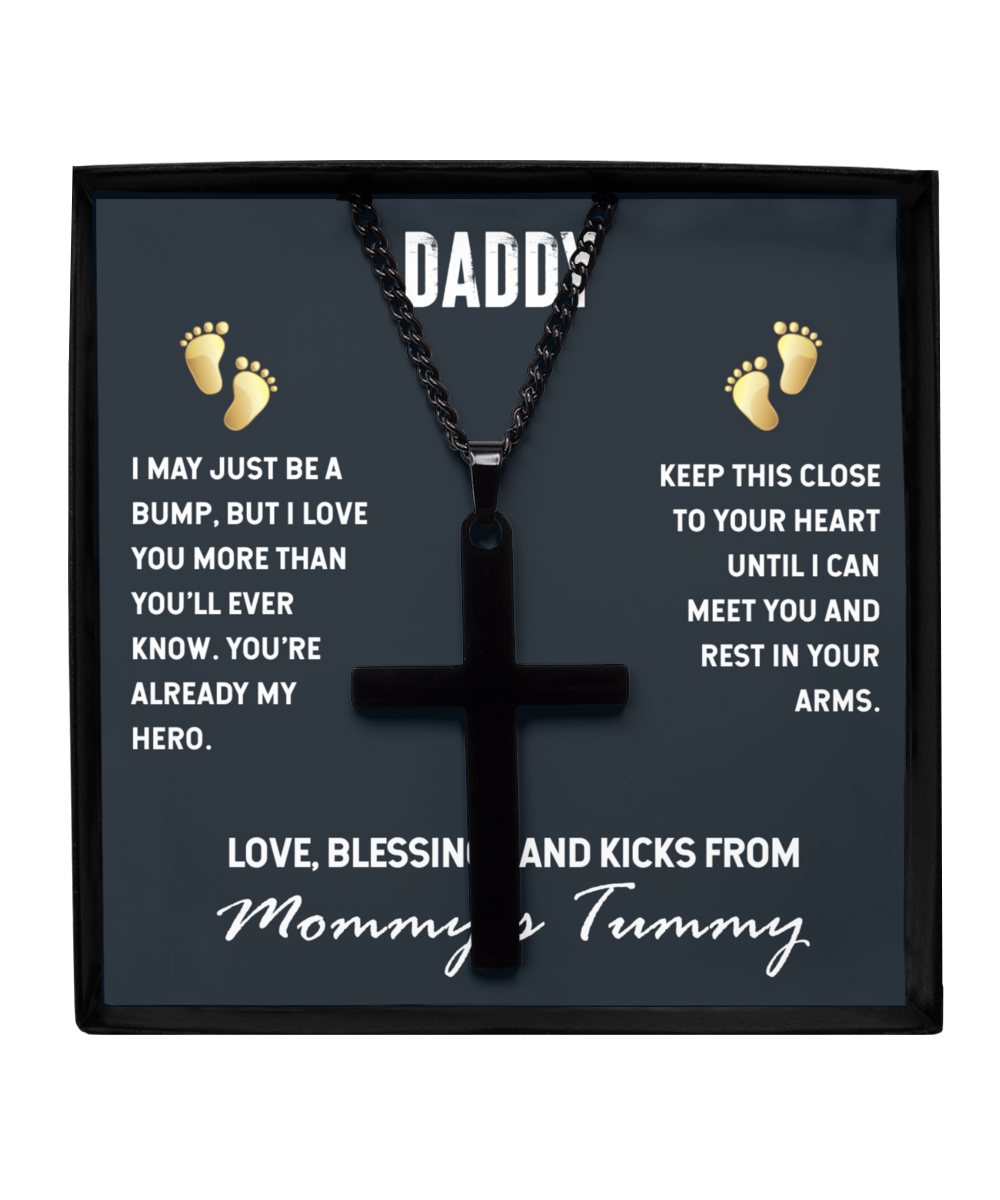 To My Daddy From Mommy's Tummy, Black Cross Necklace For Daddy, Father's Day Gift For New Daddy, First Time Daddy To Be