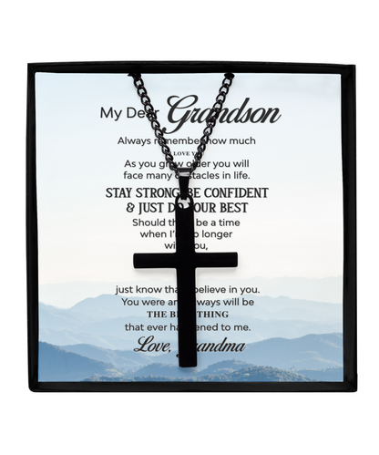 My Dear Grandson, Grandson Black Cross Necklace From Grandma, Grandson Gift, Grandma Gift For Grandson, I Love You My Grandson