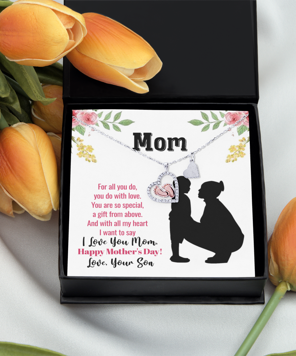 Happy Mother's Day, Gift To Mom From Son, Mom Jewelry Gift, I Love You Mom - .925 Sterling Silver Baby Feet Necklace With Message Card